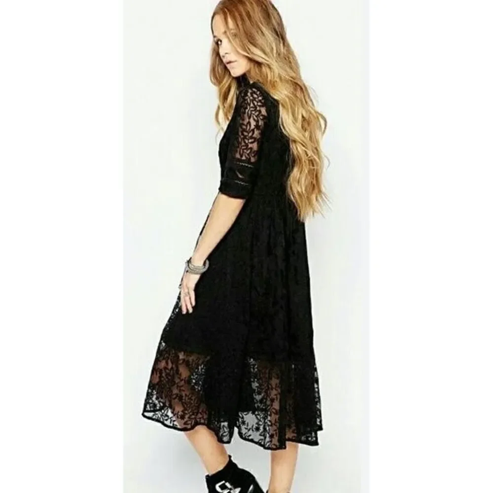 Free People Mountain Laurel Black Midi Dress Sz. XS
